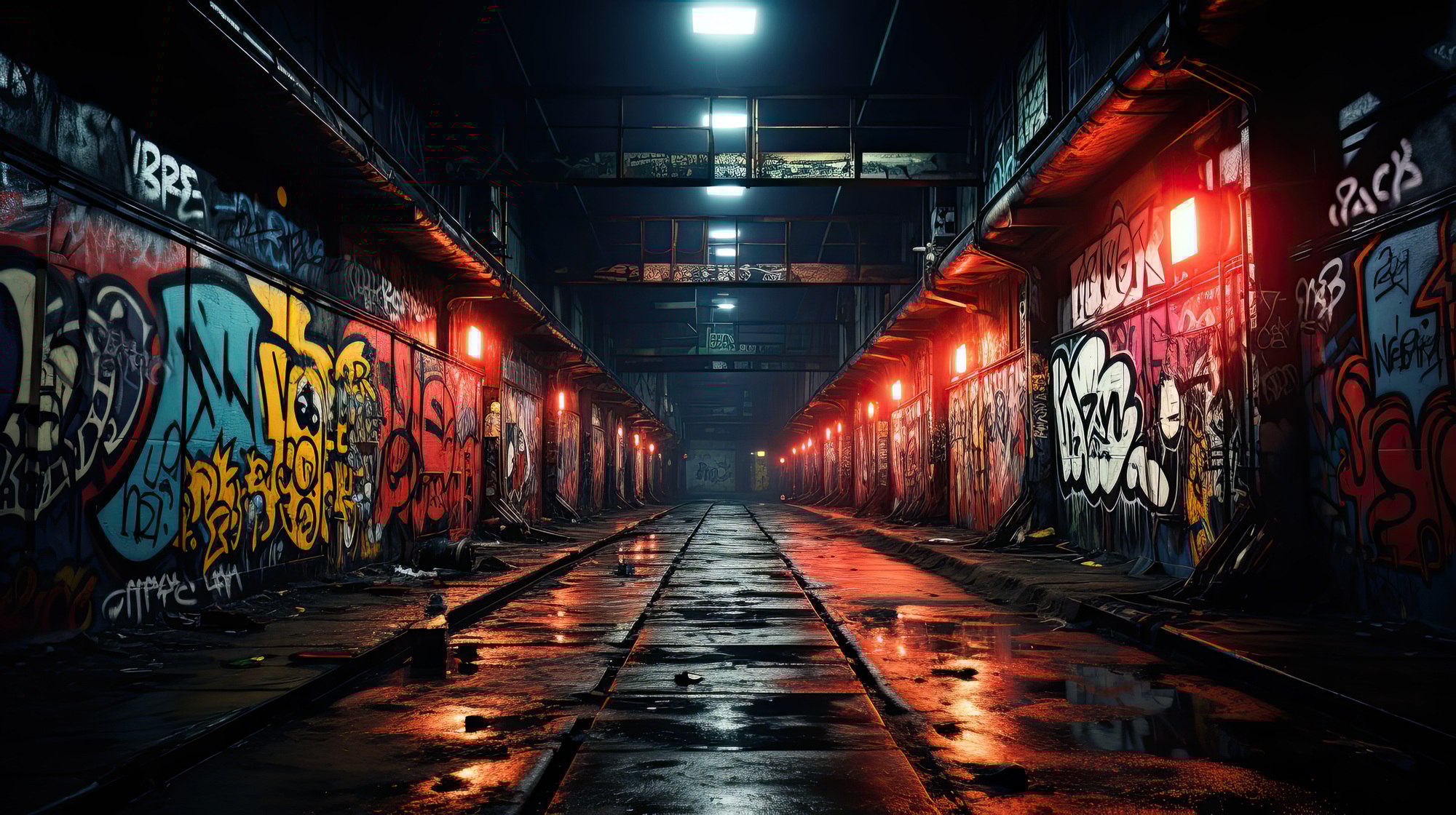 an empty warehouse is covered with graffiti and red light above the tracks an empty warehouse is covered with graffiti and red light above the tracks